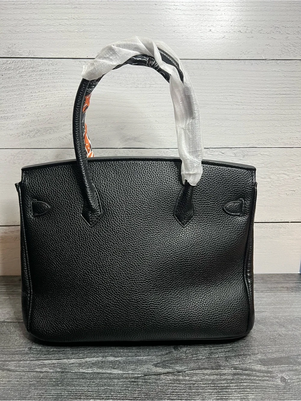 Black Leather Satchel with Orange Fringe and Twill-Handle Wrap